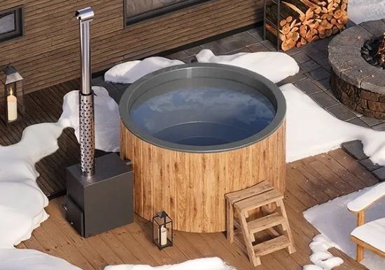 THERMOWOOD  FIBERGLASS HOT TUB ΕΣΘΟΝΙΑΣ  ΜΕ ΞΥΛΟΣΟΜΠΑ ΚΑΙ ΗΛΕΚΤΡΙΚΗ ΘΕΡΜΑΝΣΗ, Για 4 άτομα Hot Tub με καύση ξύλου και εξωτερική θέρμανση